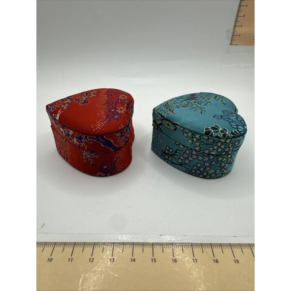 Set Of 2 Asian Ring Jewelry Box Compact Fabric Floral Portable - Heart Shaped